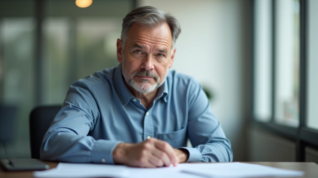 Muž středního věku studuje plán finančního zabezpečení se správcem důchodu v kanceláři