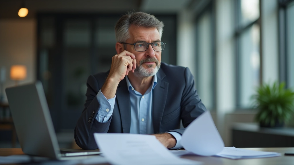 Pracovník středního věku v kanceláři rozhoduje se, zda si vezme předčasný důchod nebo bude pracovat dále