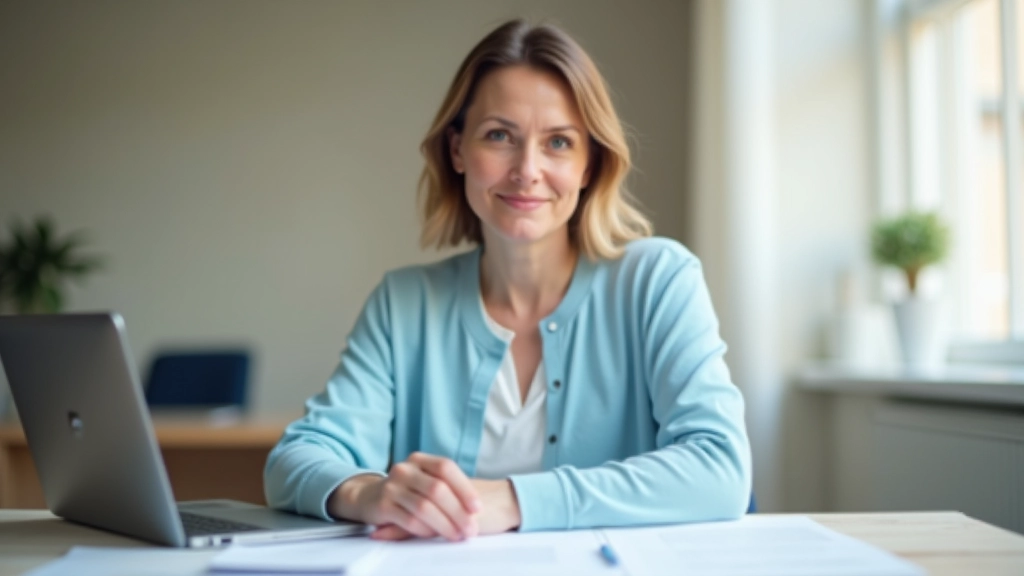 Žena středního věku sedí u počítače a prohlíží si dokumenty o důchodu